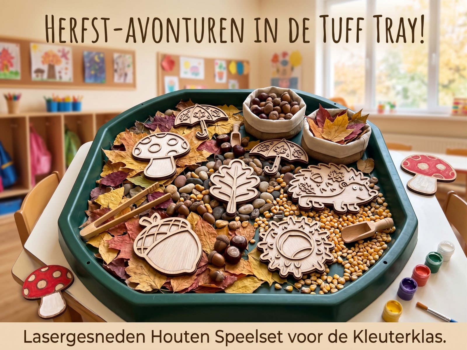 Herfstvormen van hout in een Tuff Tray met bladeren en eikels